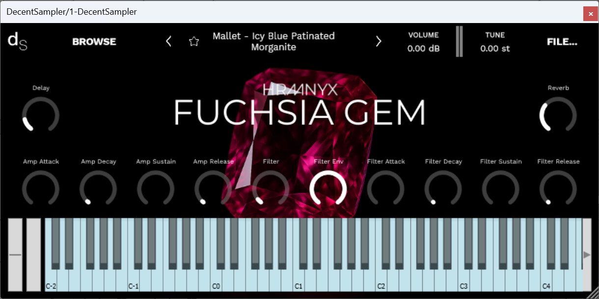 A screenshot of the Fuchsia Gem Sample Library instrument interface in Decent Sampler.